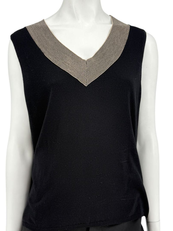 Akris Black Silk-Blend Knit Tank with Contrast V-Neck Trim – Size US 18