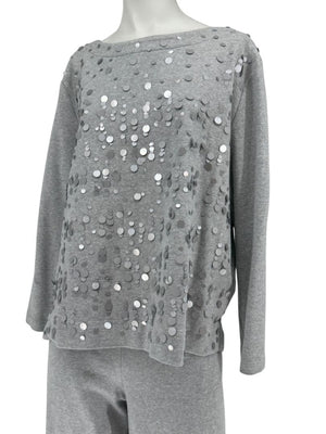 Joan Vass Gray Sequin-Embellished Knit Top & Pant Set – Size XL