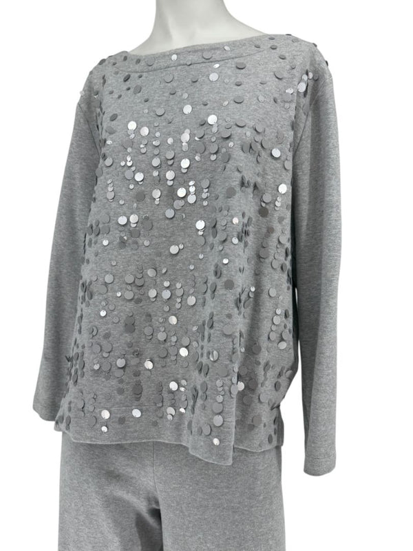 Joan Vass Gray Sequin-Embellished Knit Top & Pant Set – Size XL