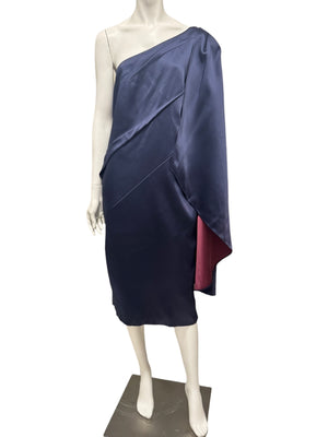 Pamella Roland Navy One-Shoulder Draped Cocktail Dress – Fits Like L