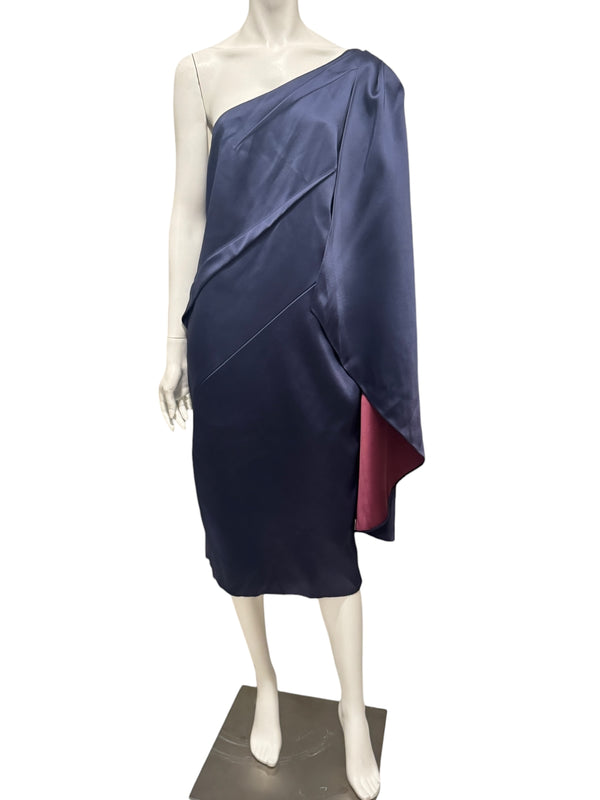 Pamella Roland Navy One-Shoulder Draped Cocktail Dress – Fits Like L