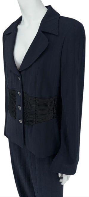Armani Collezioni Navy Pinstripe Pantsuit with Corset-Style Waist Trim – Size IT 48