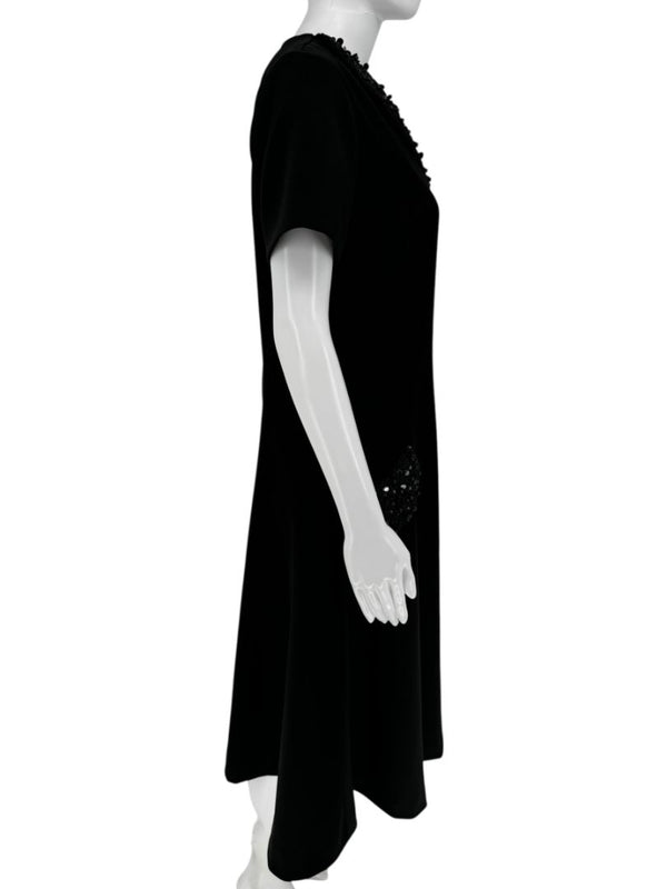 Pamella Roland Black A-Line Dress with Beaded Neckline & Pocket Detail - Large