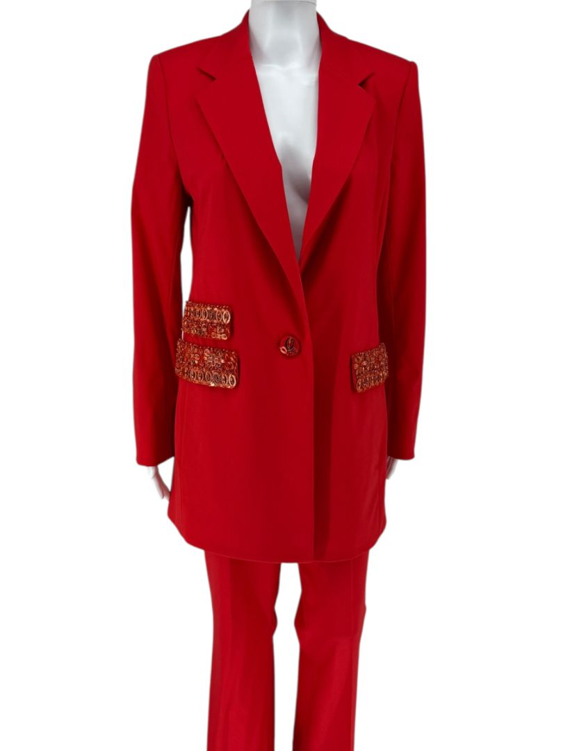 Pamella Roland Red Crystal Embellished Pocket Pant Suit – Large