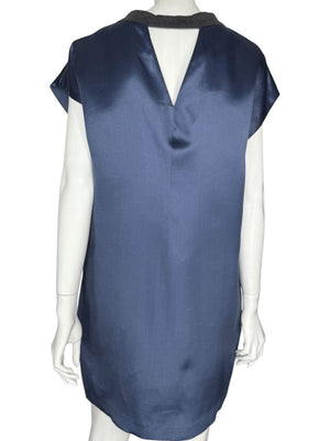 Brunello Cucinelli Navy Silk Shift Dress with Contrast Trim – Size XL- NEW