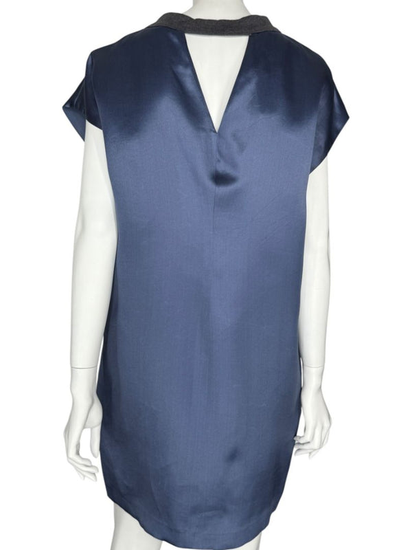 Brunello Cucinelli Navy Silk Shift Dress with Contrast Trim – Size XL- NEW