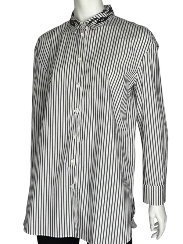 Brunello Cucinelli Gray & White Vertical Stripe Embroidered Collar Shirt – Size XL