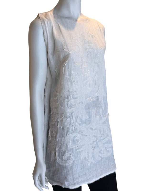 Fendi White Linen Sleeveless Tunic with Textured Floral Appliqué – Size L