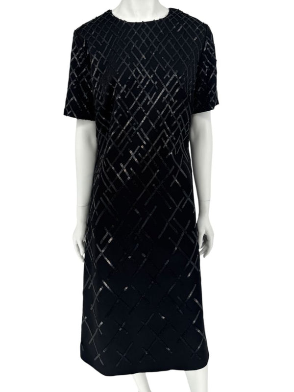 Pamella Roland Black Sequin Grid Shift Dress – Large