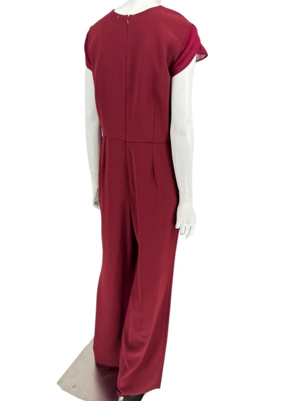 Pamella Roland Burgundy Cap-Sleeve Jumpsuit with Sheer Sash – Large