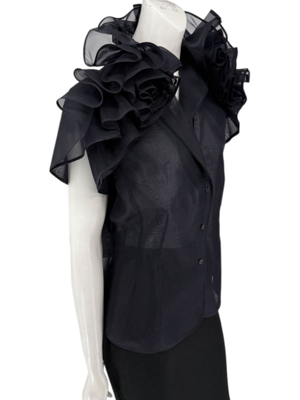 Féraud Paris Navy Silk Organza Ruffle Blouse – FR 44 - NWT