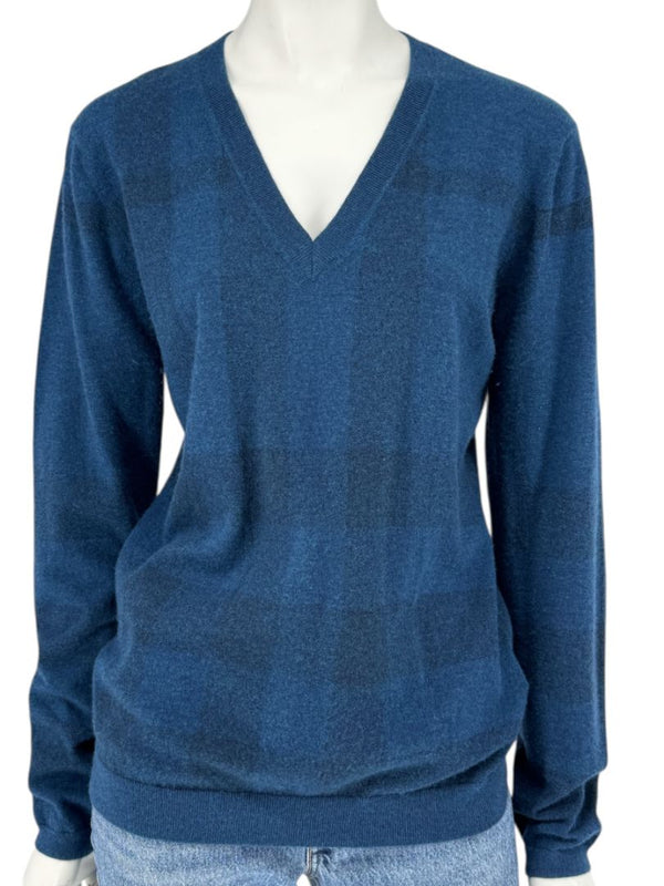 Burberry London Blue V-Neck Cashmere Sweater – Size XL
