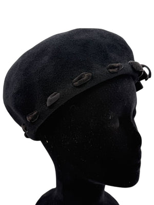 Tracy Watts Black Wool Beret with Velvet Ribbon Trim