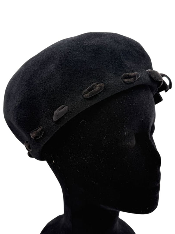 Tracy Watts Black Wool Beret with Velvet Ribbon Trim