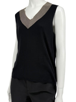 Akris Black Silk-Blend Knit Tank with Contrast V-Neck Trim – Size US 18