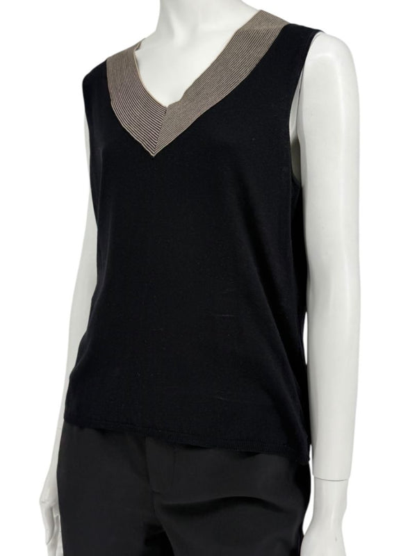 Akris Black Silk-Blend Knit Tank with Contrast V-Neck Trim – Size US 18