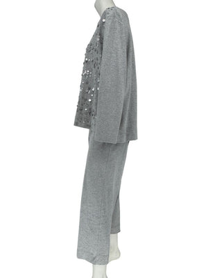 Joan Vass Gray Sequin-Embellished Knit Top & Pant Set – Size XL