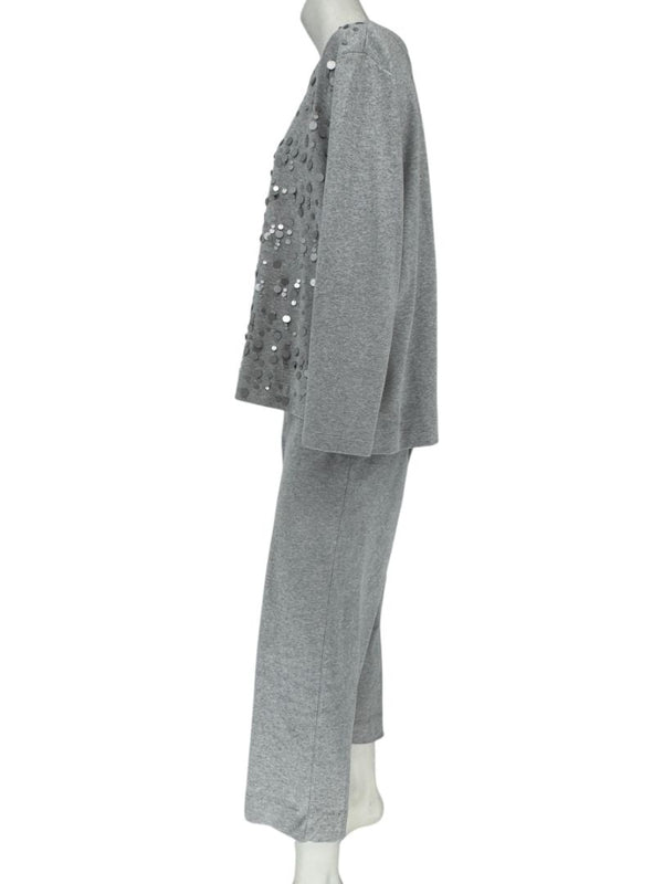 Joan Vass Gray Sequin-Embellished Knit Top & Pant Set – Size XL