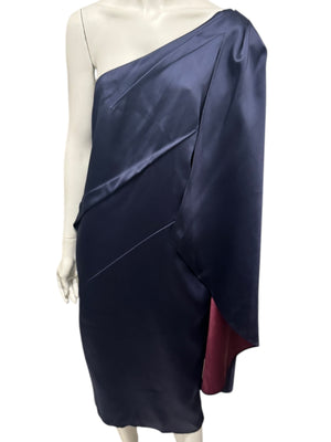 Pamella Roland Navy One-Shoulder Draped Cocktail Dress – Fits Like L