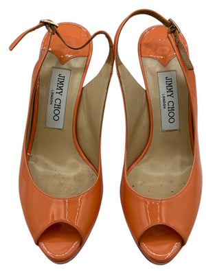 Jimmy Choo Patent Leather Slingback Platform Heels in Peach Coral – Size 37 – Good Preowned Condition