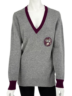 Chanel 2007A Grey and Purple Cashmere Beaded Crest Detail V Neck Sweater - Size 44
