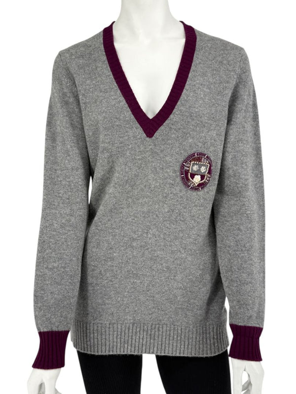 Chanel 2007A Grey and Purple Cashmere Beaded Crest Detail V Neck Sweater - Size 44