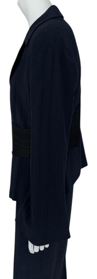 Armani Collezioni Navy Pinstripe Pantsuit with Corset-Style Waist Trim – Size IT 48