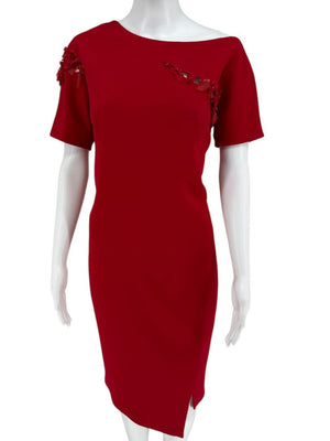 Pamella Roland Red Asymmetrical Floral Embellished Sheath Dress