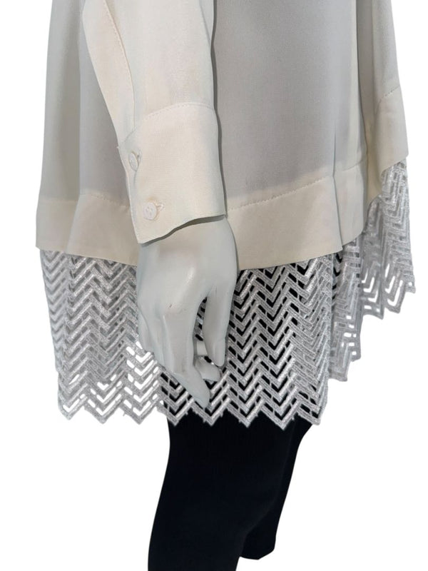 Lela Rose Ivory Silk Tunic Blouse with Embroidered Hem – Size 8