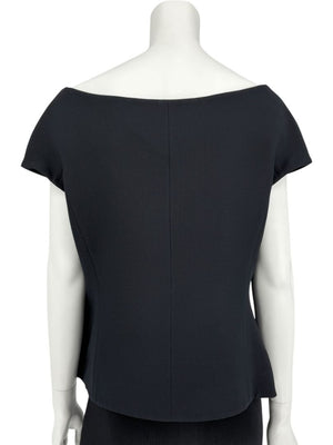 Christian Dior Paris Black Off-Shoulder Wool-Silk Asymmetric Button Top – Size FR 42 / US 10