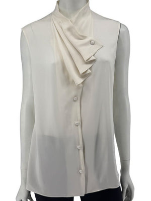 Giorgio Armani Ivory Silk Ruffle Front Sleeveless Blouse – Size 10