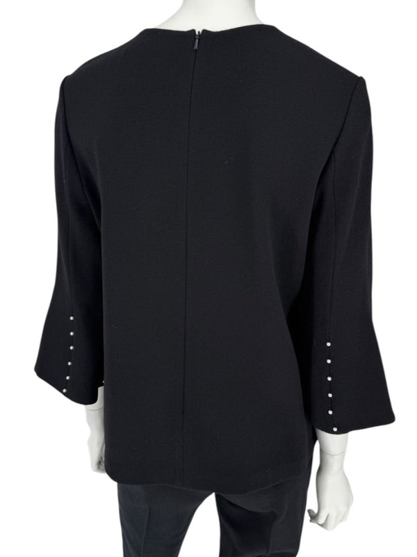 Lela Rose Black Wool-Blend Bell Sleeve Top with Pearl Trim – Size 6