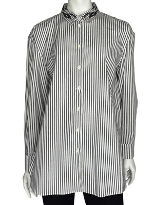 Brunello Cucinelli Gray & White Vertical Stripe Embroidered Collar Shirt – Size XL