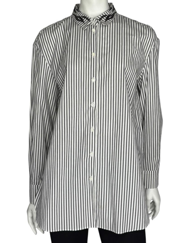 Brunello Cucinelli Gray & White Vertical Stripe Embroidered Collar Shirt – Size XL