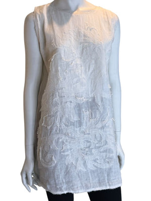 Fendi White Linen Sleeveless Tunic with Textured Floral Appliqué – Size L