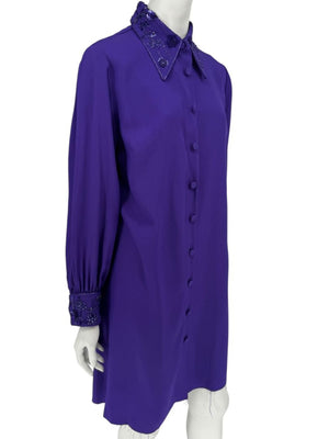 Pamella Roland Purple Beaded Collar & Cuff Shirt Dress with Slip – Large