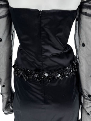 Pamella Roland Black Strapless Evening Dress Embellished Waist Sheer Sleeve Formal Gown - Size 6