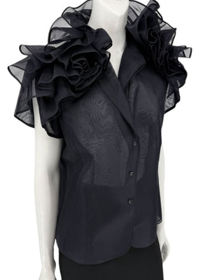 Féraud Paris Navy Silk Organza Ruffle Blouse – FR 44 - NWT