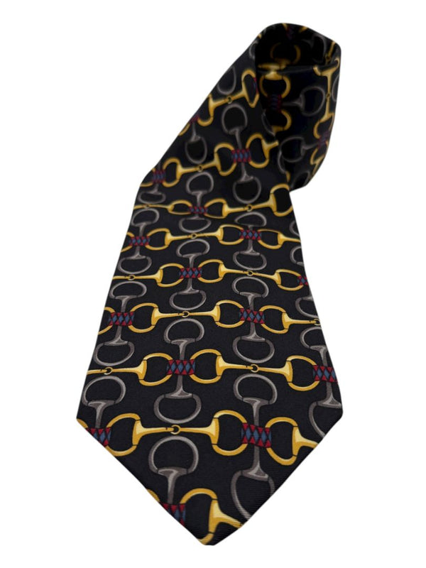 Paolo Gucci Silk Tie – Equestrian Bit Pattern – Black & Gold