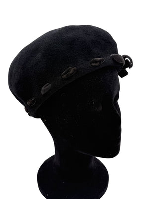 Tracy Watts Black Wool Beret with Velvet Ribbon Trim