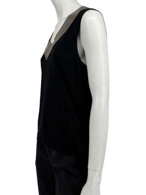 Akris Black Silk-Blend Knit Tank with Contrast V-Neck Trim – Size US 18
