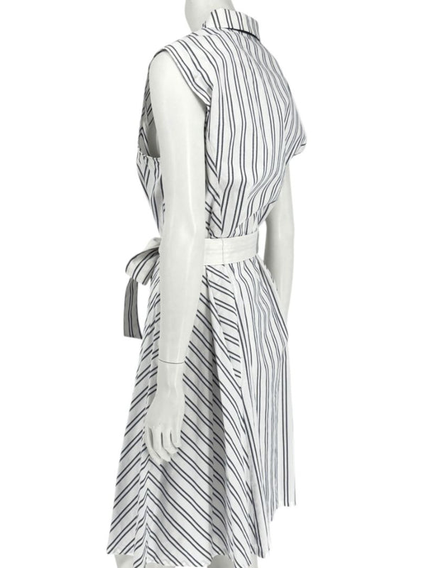 Lafayette 148 New York White & Navy Striped Sleeveless Shirtdress with Self-Tie Belt – Size XXL