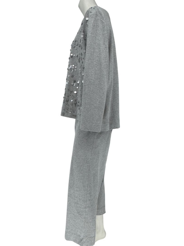 Joan Vass Gray Sequin-Embellished Knit Top & Pant Set – Size XL