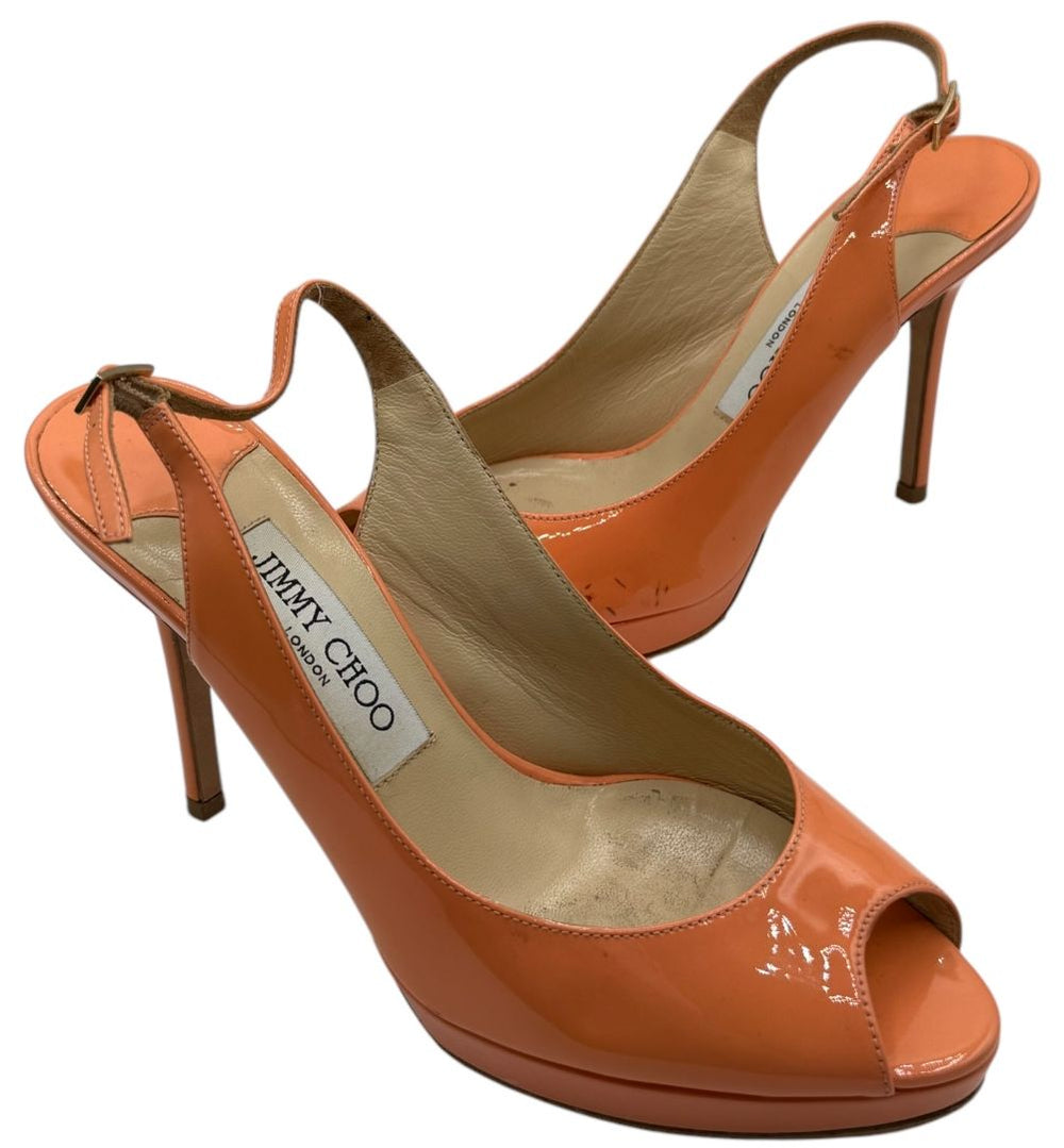 Jimmy Choo Patent Leather Slingback Platform Heels in Peach Coral – Size 37 – Good Preowned Condition