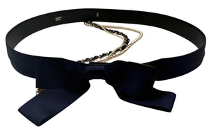 CHANEL Leather/Satin Belt with Pearls and Chains - Navy 34