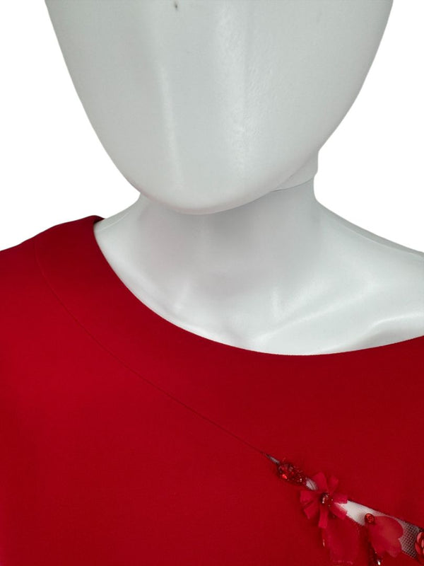 Pamella Roland Red Asymmetrical Floral Embellished Sheath Dress