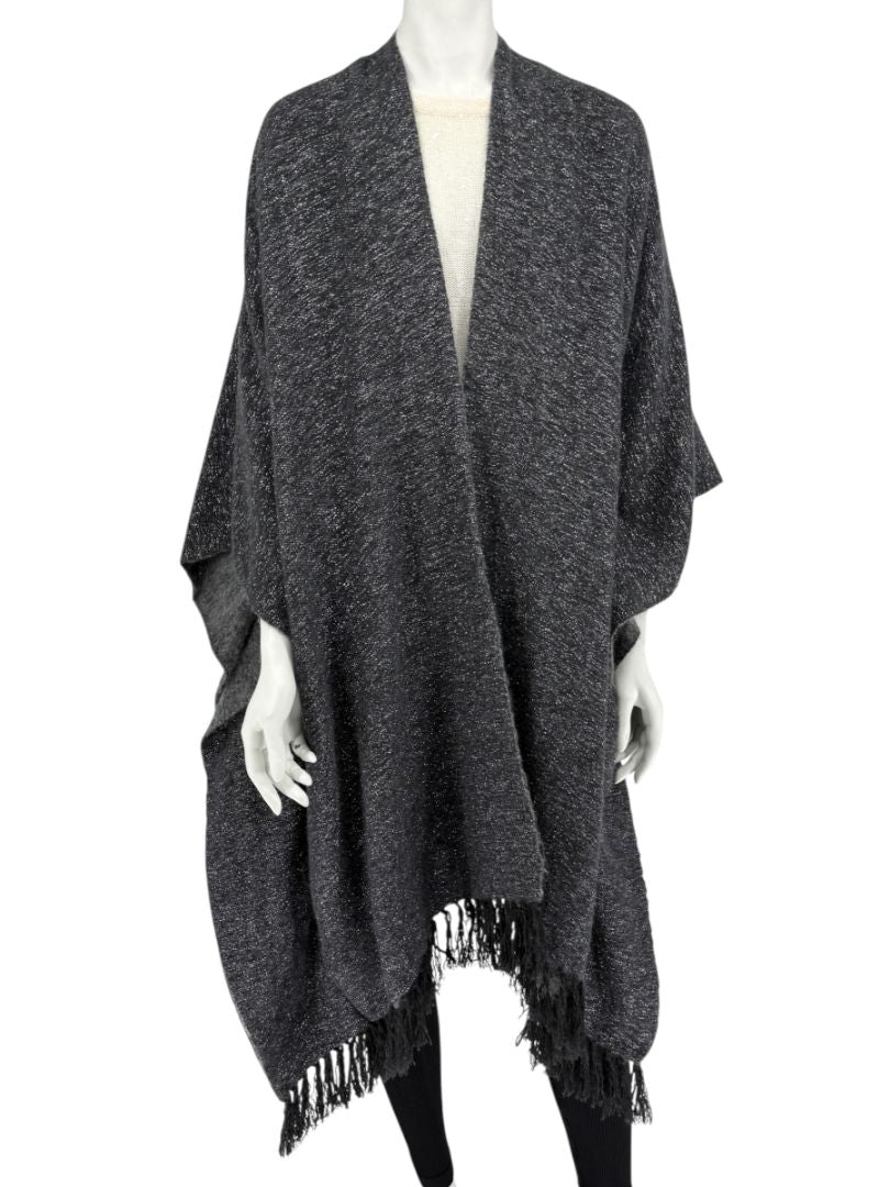 Brunello Cucinelli Grey Cashmere Alpaca Lurex Fringe Poncho – OS