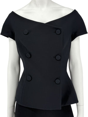 Christian Dior Paris Black Off-Shoulder Wool-Silk Asymmetric Button Top – Size FR 42 / US 10