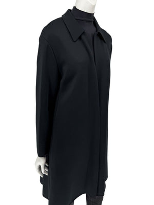 Pamella Roland Black Long Coat Minimalist Hidden Placket Shirt Collar - Large
