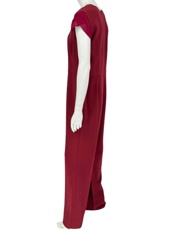 Pamella Roland Burgundy Cap-Sleeve Jumpsuit with Sheer Sash – Large